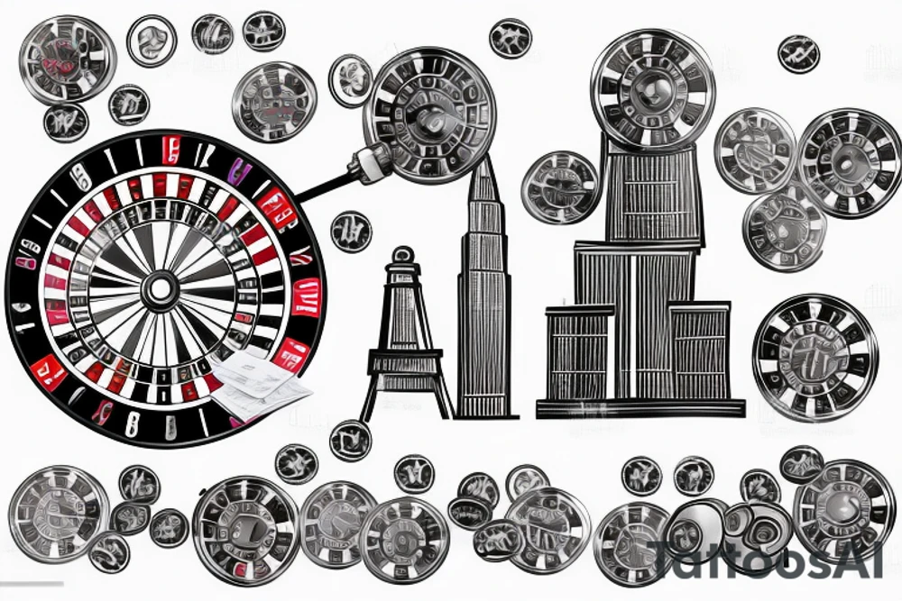 stack of dollars under a roulette spinning and city with skyscrapers on top tattoo idea