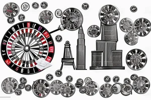 stack of dollars under a roulette spinning and city with skyscrapers on top tattoo idea