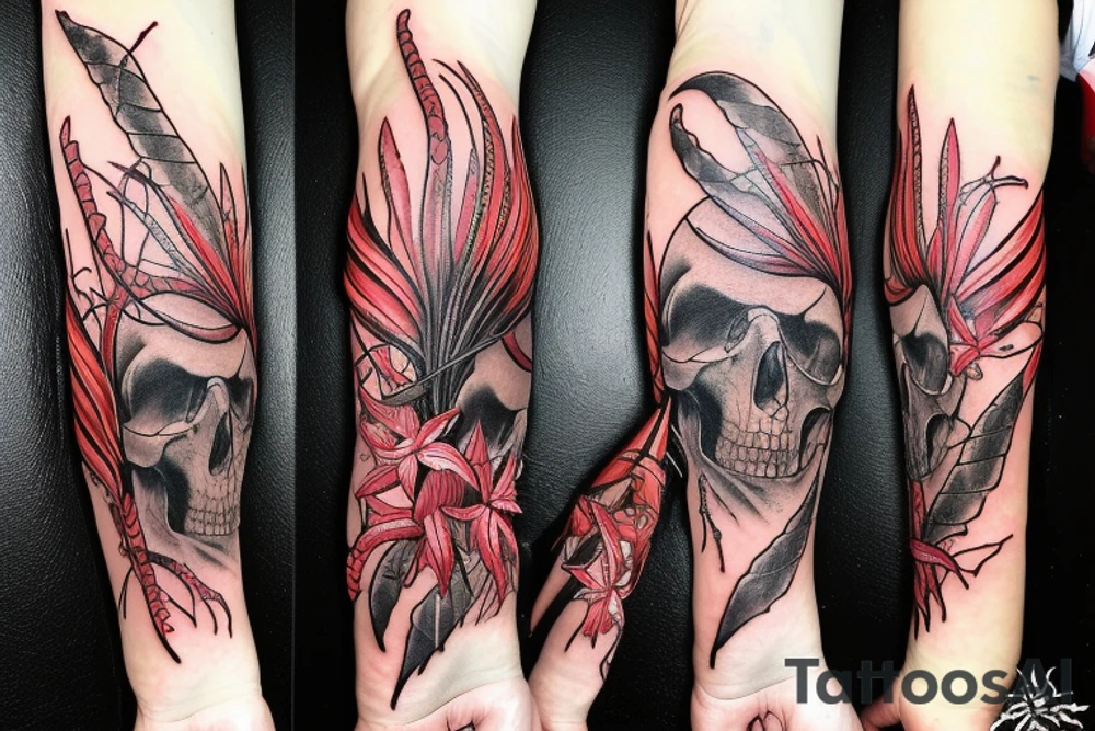 A snake covered in barbed wire wrapped around a skull at a 3/4 angle with horns surrounded by red spider lilies tattoo idea