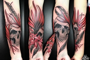 A snake covered in barbed wire wrapped around a skull at a 3/4 angle with horns surrounded by red spider lilies tattoo idea