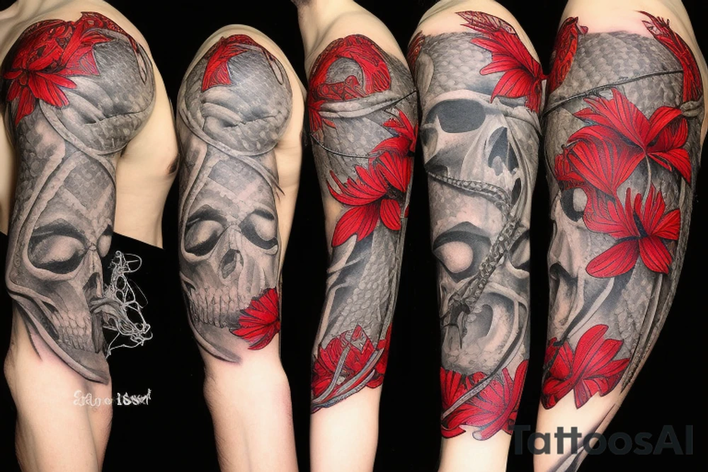 A snake covered in barbed wire wrapped around a skull at a 3/4 angle with horns surrounded by red spider lilies tattoo idea