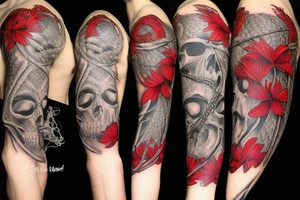 A snake covered in barbed wire wrapped around a skull at a 3/4 angle with horns surrounded by red spider lilies tattoo idea