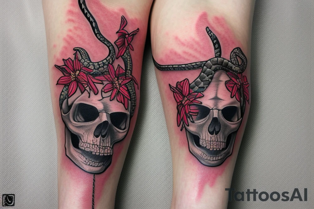 A snake covered in barbed wire wrapped around a skull at a 3/4 angle with horns surrounded by red spider lilies tattoo idea