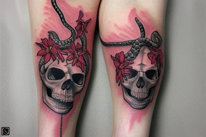 A snake covered in barbed wire wrapped around a skull at a 3/4 angle with horns surrounded by red spider lilies tattoo idea