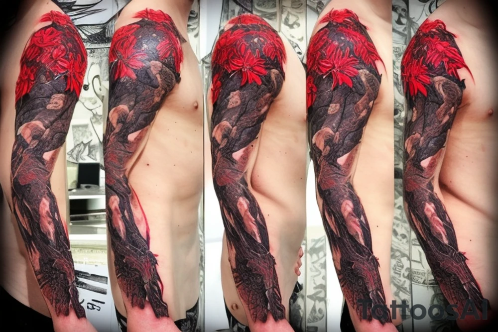 A snake covered in barbed wire wrapped around a skull at a 3/4 angle with horns surrounded by red spider lilies tattoo idea