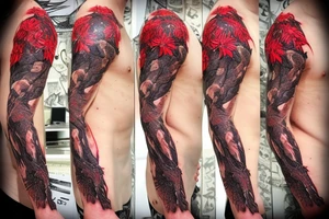 A snake covered in barbed wire wrapped around a skull at a 3/4 angle with horns surrounded by red spider lilies tattoo idea