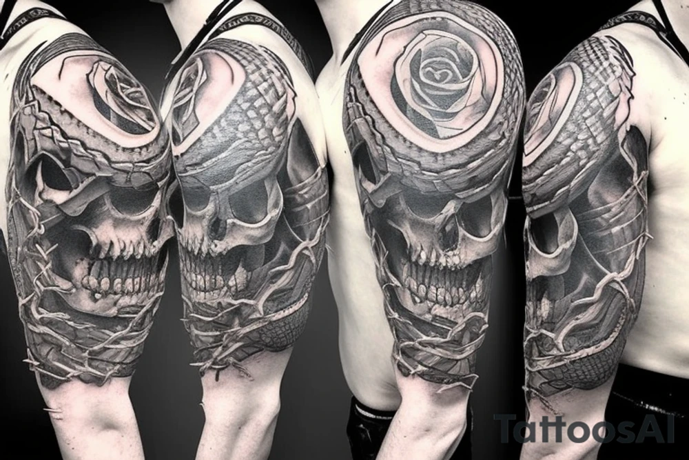A snake covered in barbed wire wrapped around a skull at a 3/4 angle with horns tattoo idea