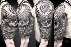 A snake covered in barbed wire wrapped around a skull at a 3/4 angle with horns tattoo idea