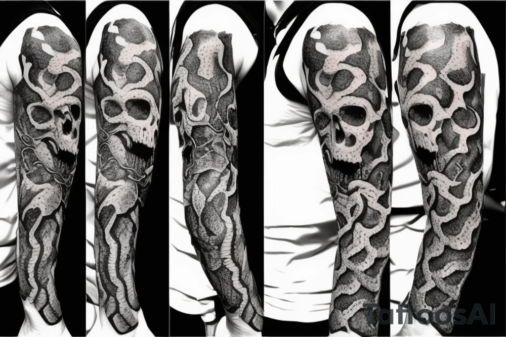 A snake covered in barbed wire wrapped around a skull at a 3/4 angle with horns tattoo idea