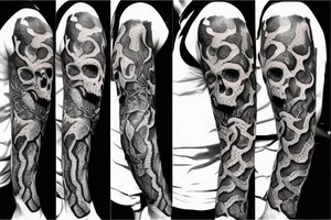 A snake covered in barbed wire wrapped around a skull at a 3/4 angle with horns tattoo idea