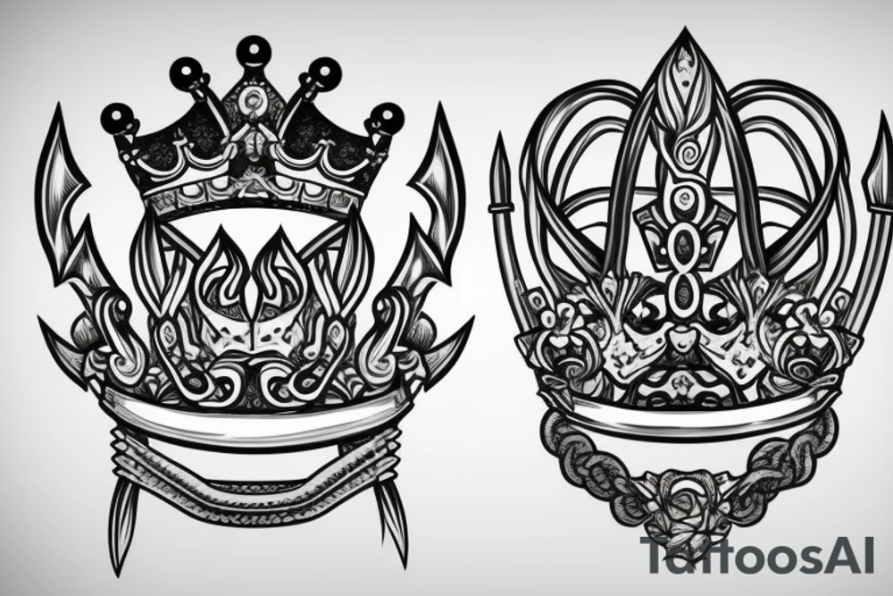 sword through crown in bold lines tattoo idea