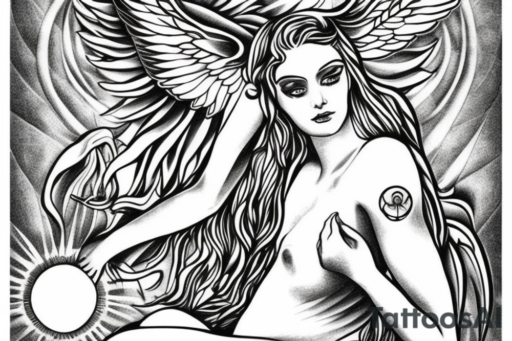 Mythology angel with sun rays from the sky tattoo idea