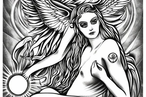 Mythology angel with sun rays from the sky tattoo idea