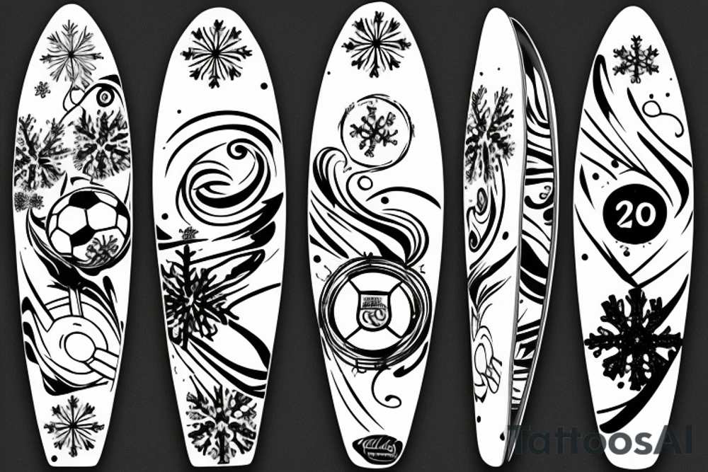 2 seasons one with summer beach waves surfboard and onw winter with skis snowflake also add a soccer ball tattoo idea