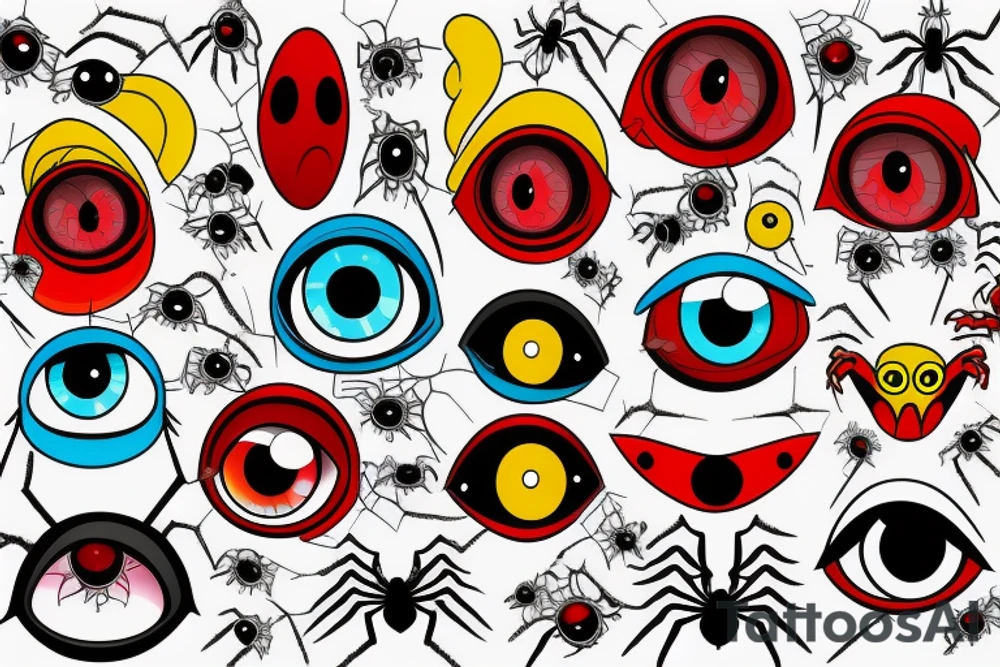 red, yellow and light blue gothic spider with one big eye tattoo idea