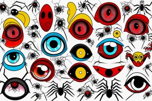 red, yellow and light blue gothic spider with one big eye tattoo idea