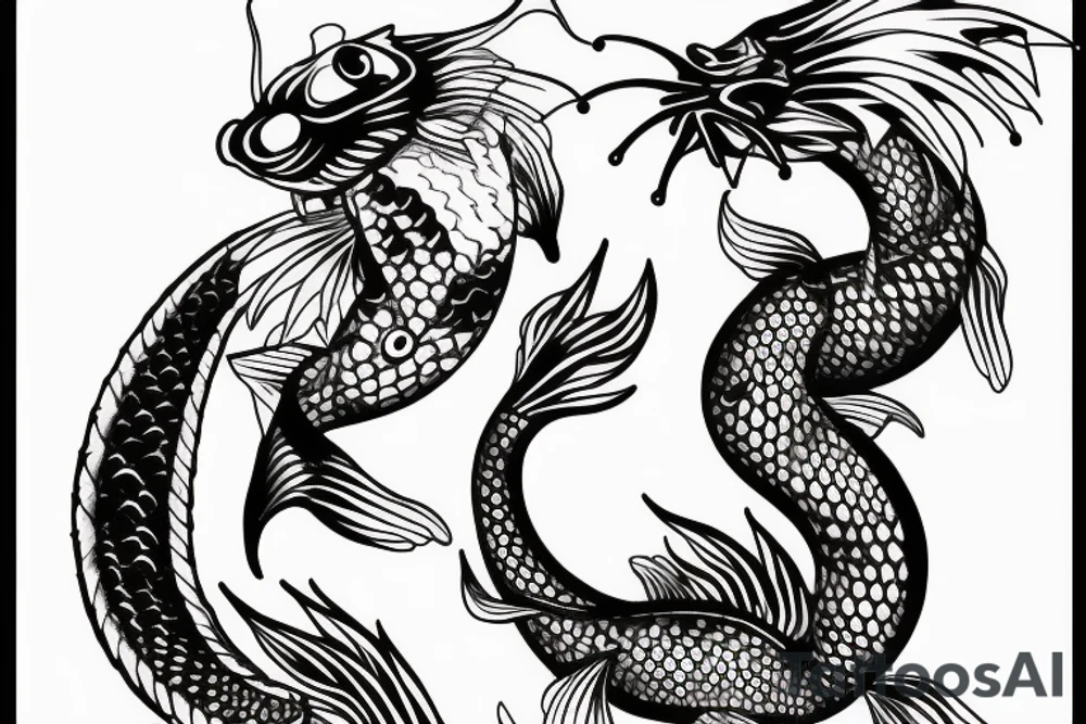 Water dragon with fish koi tattoo idea