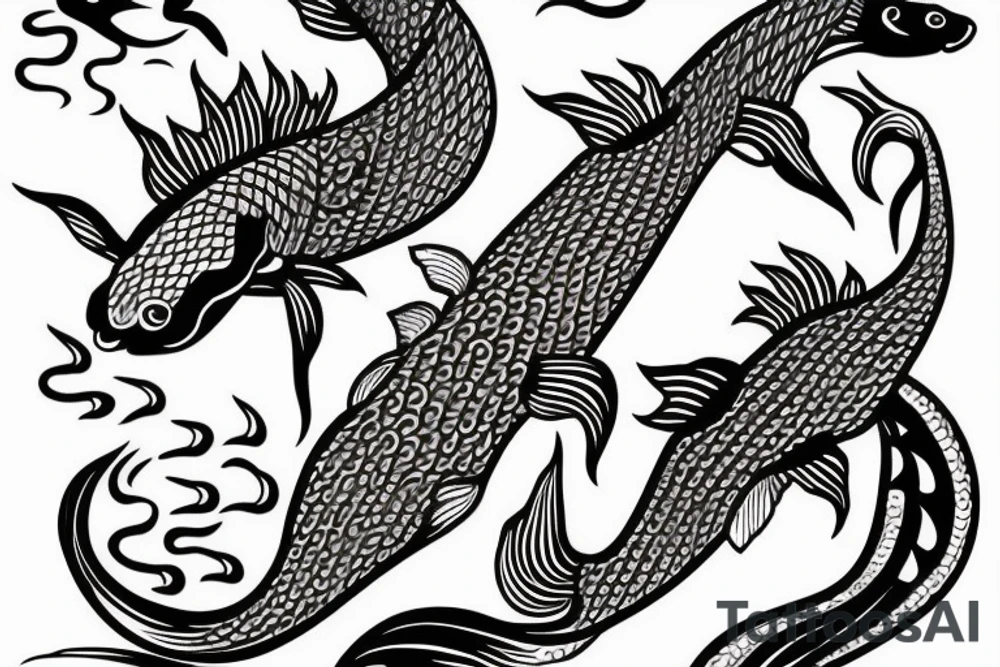 Water dragon with fish koi tattoo idea