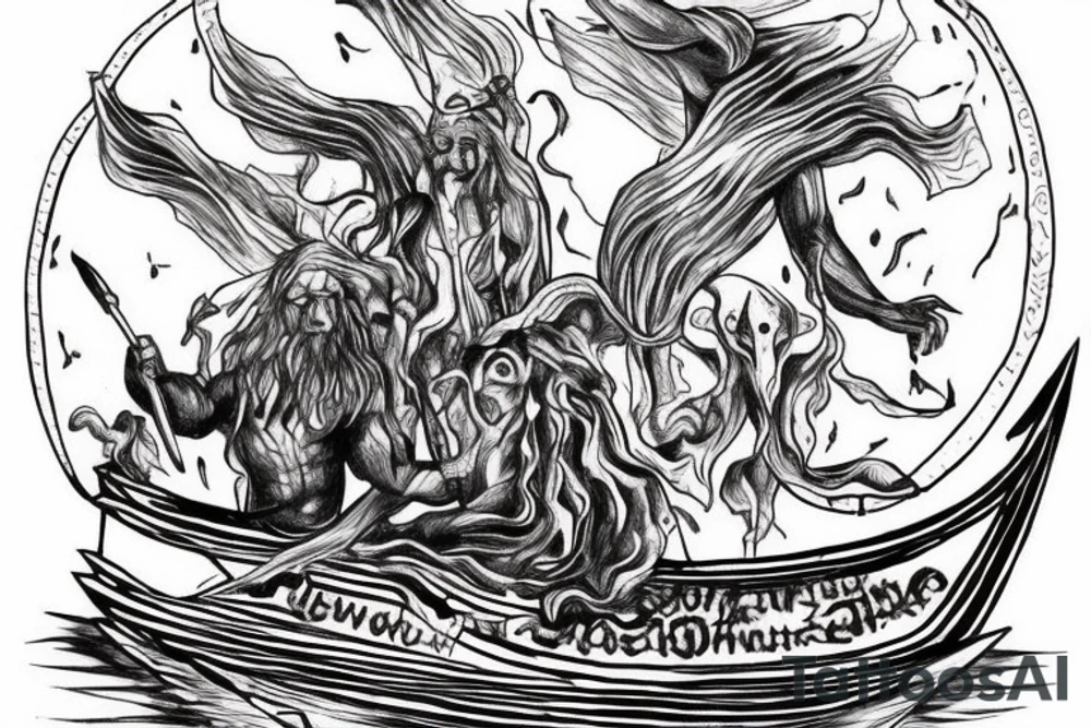 charon on his boat transports the souls of people. Erebus, the god of eternal darkness, can be seen in the distance. Can't make out the faces. The lines are not clear. tattoo idea