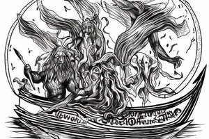 charon on his boat transports the souls of people. Erebus, the god of eternal darkness, can be seen in the distance. Can't make out the faces. The lines are not clear. tattoo idea