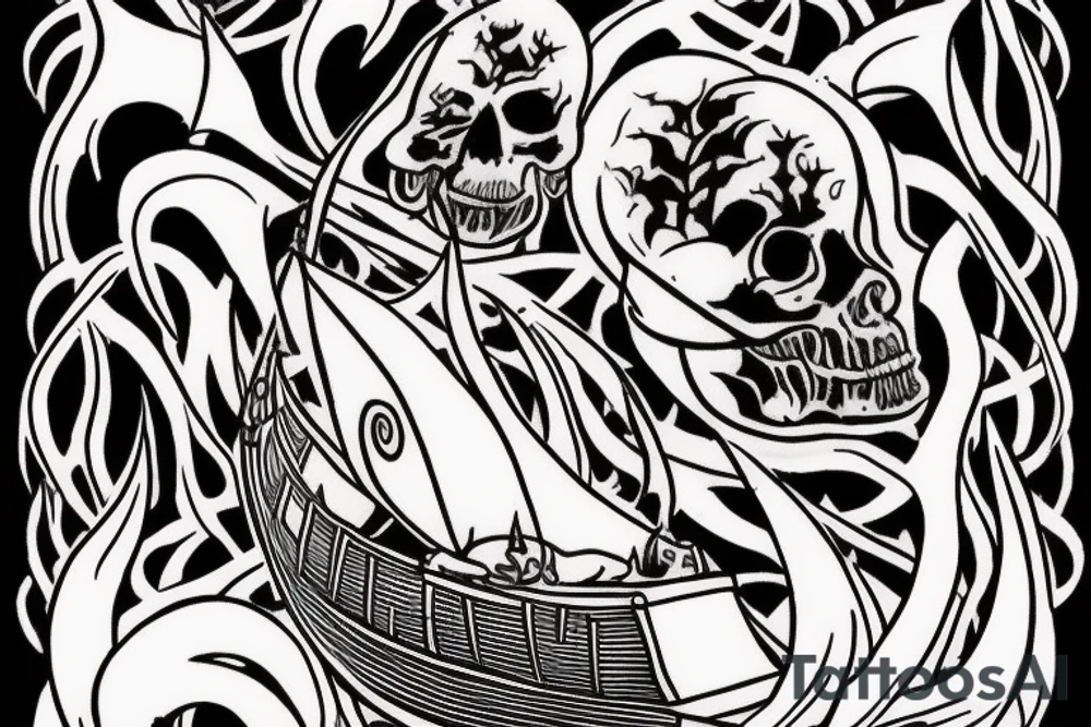 charon on his boat transports the souls of people. Erebus, the god of eternal darkness, can be seen in the distance. Can't make out the faces. The lines are not clear. tattoo idea