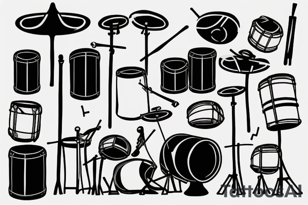 Black and white tattoo with drums and drum sticks tattoo idea Black and white tattoo with drums and drum sticks tattoo idea