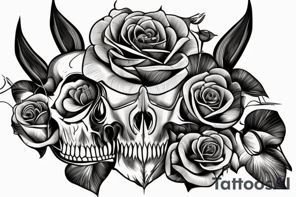 Wild boar skull against the background of a mountain with a helicopter and roses tattoo idea