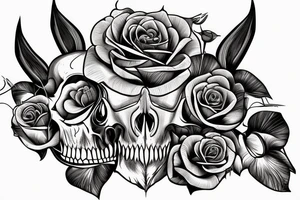 Wild boar skull against the background of a mountain with a helicopter and roses tattoo idea