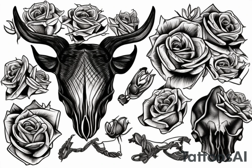 Wild boar skull against the background of a mountain with a helicopter and roses tattoo idea