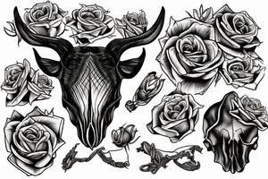 Wild boar skull against the background of a mountain with a helicopter and roses tattoo idea