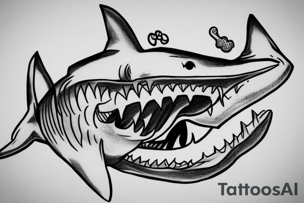 shark breaking a chain in its teeth tattoo idea