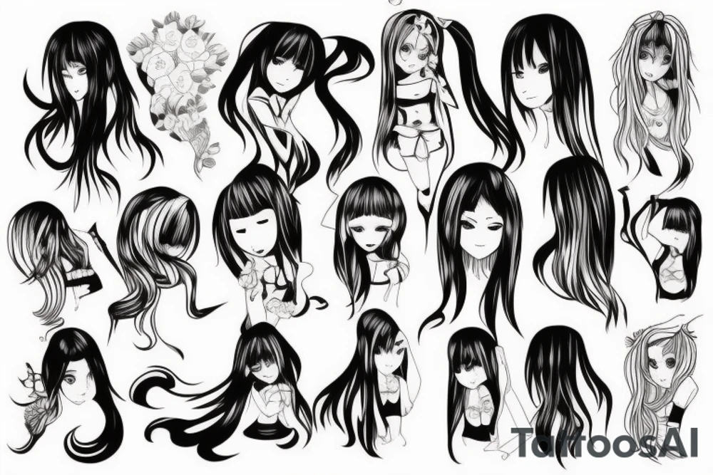 Anime girl with long hair, color tattoo idea