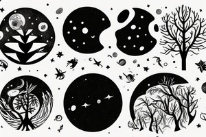 forest with trees, planets, galaxy’s tattoo idea