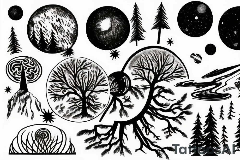 forest with trees, planets, galaxy’s tattoo idea forest with trees, planets, galaxy’s tattoo idea