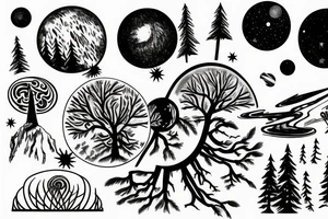 forest with trees, planets, galaxy’s tattoo idea