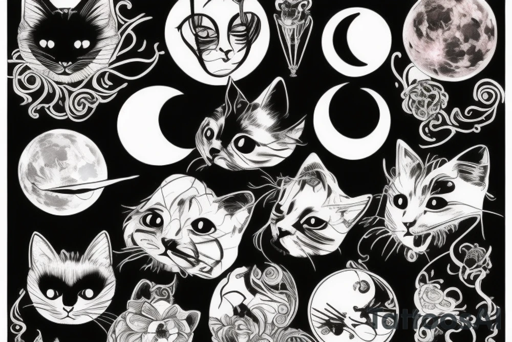 Black cat looking at the big moon tattoo idea