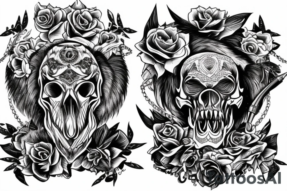 Wild boar skull against the background of a mountain with a helicopter tattoo idea