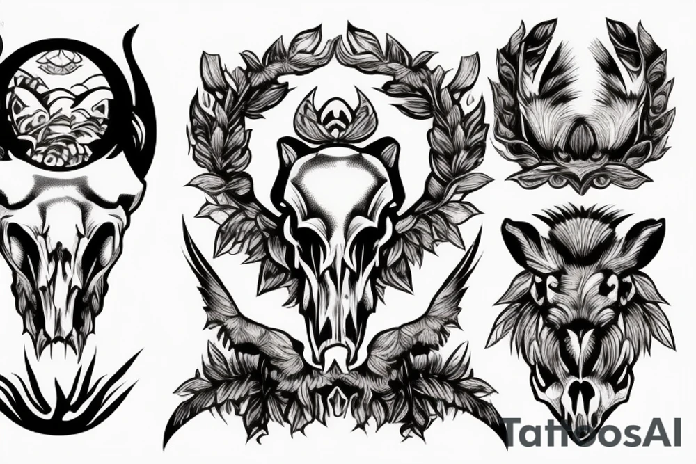 Wild boar skull against the background of a mountain with a helicopter tattoo idea