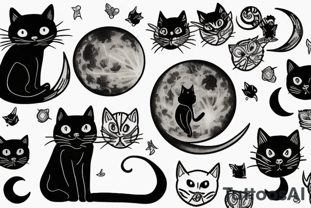 Black cat looking at the big moon tattoo idea