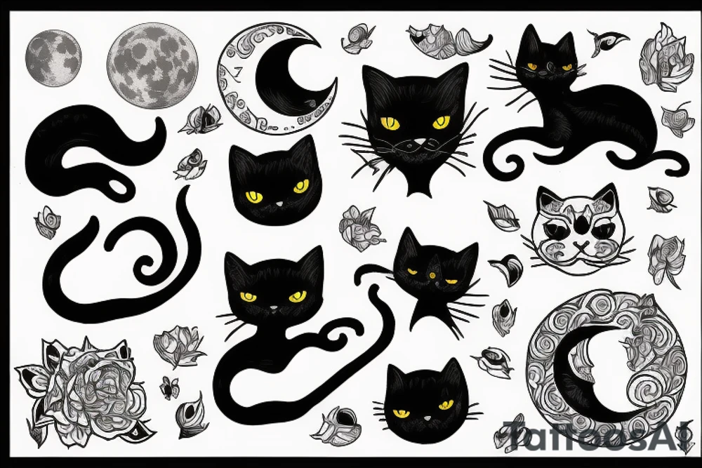 Black cat looking at the big moon tattoo idea