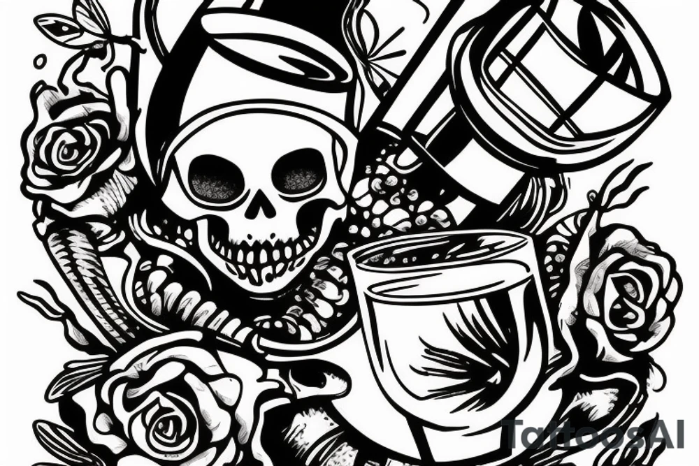 Skeleton sitting inside wine glass fishing for crowns tattoo idea