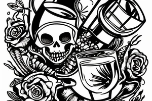 Skeleton sitting inside wine glass fishing for crowns tattoo idea