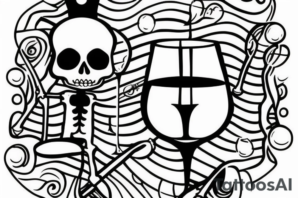 Skeleton sitting inside wine glass fishing for crowns tattoo idea