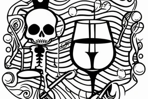 Skeleton sitting inside wine glass fishing for crowns tattoo idea