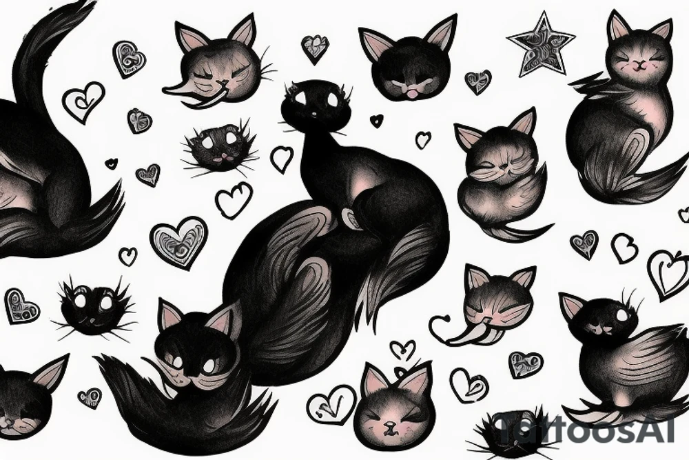 Black kitten hugs a duck tattoo idea