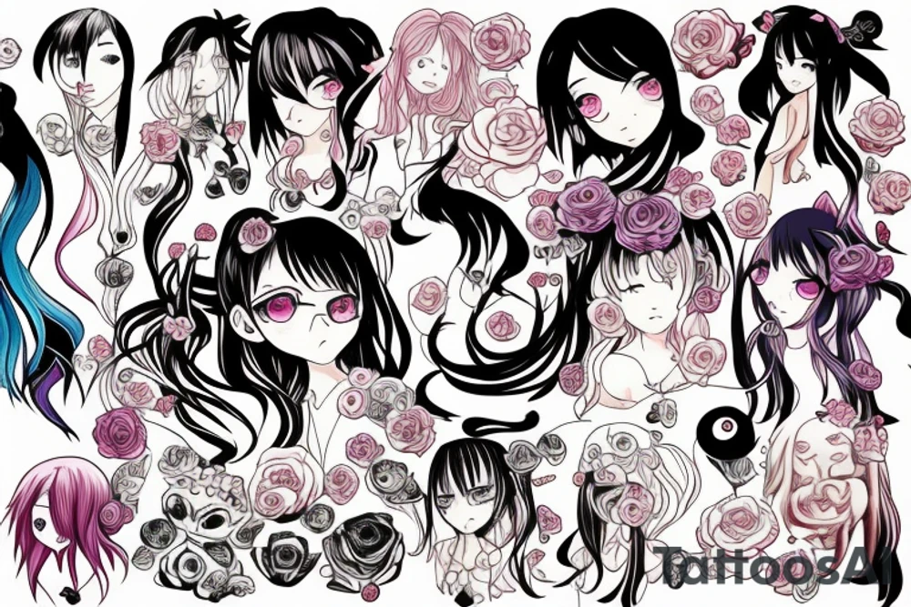 Anime girl with long hair, color tattoo idea