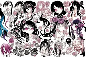 Anime girl with long hair, color tattoo idea