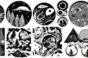 forest with trees, planets, galaxy’s tattoo idea