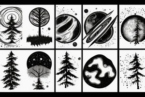forest with trees, planets, galaxy’s tattoo idea