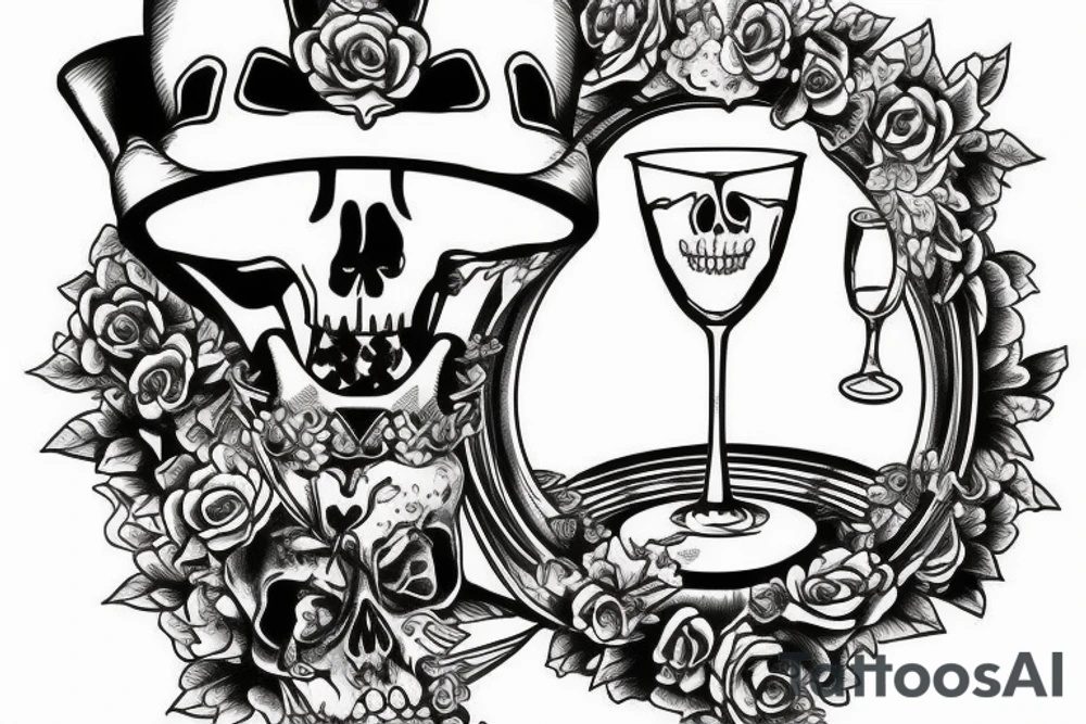 Skeleton sitting inside wine glass fishing for crowns tattoo idea